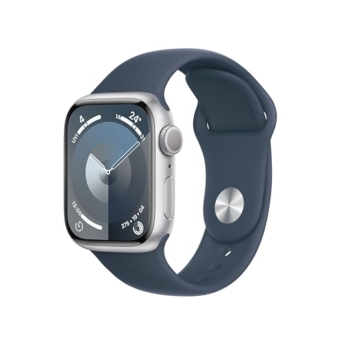 Apple Watch Series 9 41mm (GPS+Cellular) (MRJT3, Silver Stainless Steel with Storm Blue Sport Band - S/M)