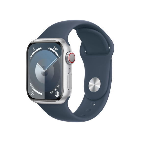 Apple Watch Series 9 41mm (GPS+Cellular) (MRJU3, Silver Stainless Steel with Storm Blue Sport Band - M/L)