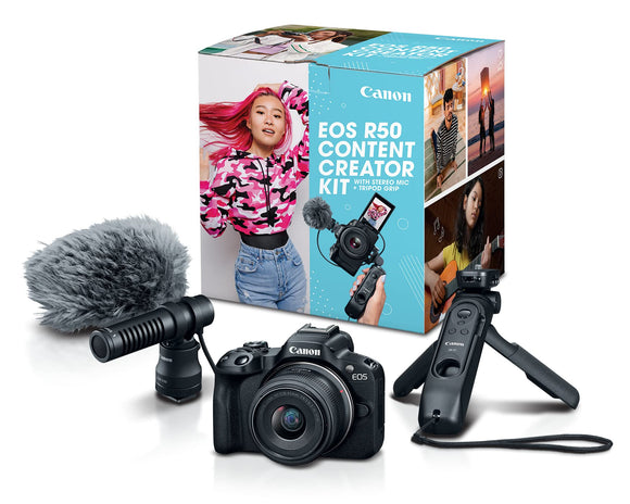 Canon EOS R50 Content Creator Kit (Black) (RF-S 18-45mm f/4.5-6.3 IS STM + Tripod Grip HG-100BTR + Stereo Microphone DM-E100+32GB SD Card)