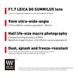 Panasonic Leica DG Summilux 9mm F/1.7 ASPH. Lens (H-X09) - Brand New / Sealed Box / Full Warranty / 5025232928736